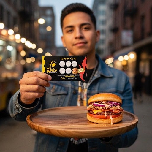 Típico Sweet & Salt loyalty card held next to a Chimiburger